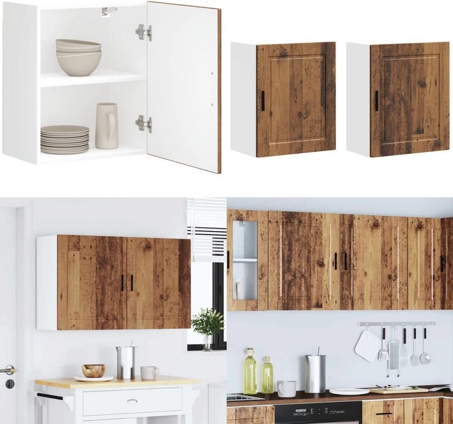 VidaXL Keukenwandkasten 2 st Porto bewerkt hout oud houtkleurig Keuken Wandkast Keuken Wandkasten Keuken Wandmeubel Gemonteerde Wandkast