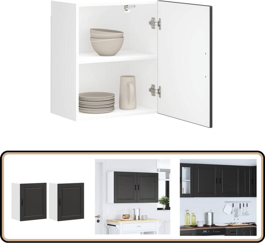 VidaXL Keukenwandkasten 2 st Porto Bewerkt Hout Zwart Keuken Kast Wandkast Opslagruimte Zwarte Keuken Houten Keuken