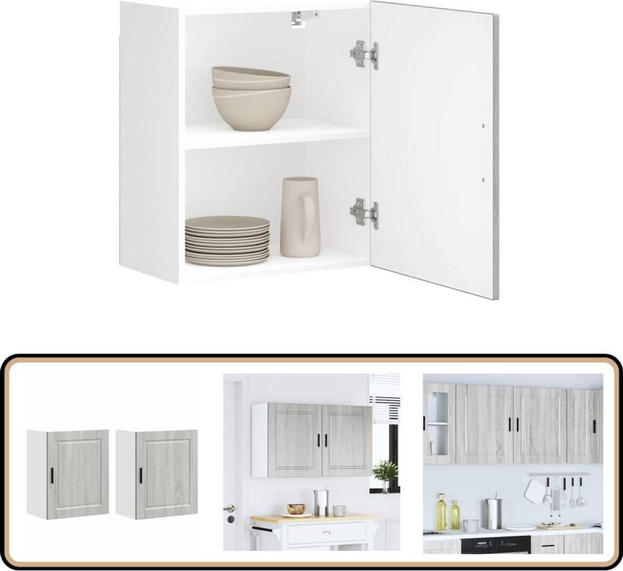 VidaXL Keukenwandkasten Porto 2 stuks Grijs Eiken Keuken Kast Wandkast Opslagoplossing Keuken Organisatie Houten Kast
