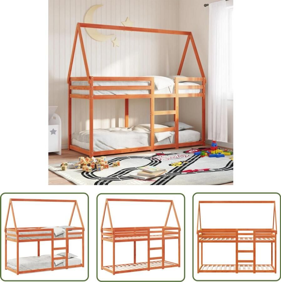 VidaXL Stapelbed met dak massief grenenhout wasbruin 90x190 cm Stapelbed Kids Bed Houten Bed Grenenhout Bed Bunk Bed