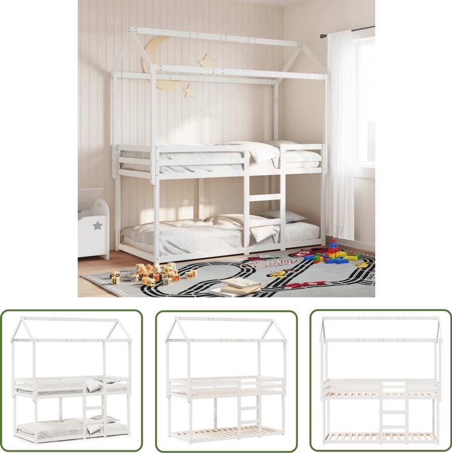 VidaXL Stapelbed met dak massief grenenhout wit 90x200 cm Stapelbed Kids Bed Tweepersoonsbed Houten Bed Loft Bed