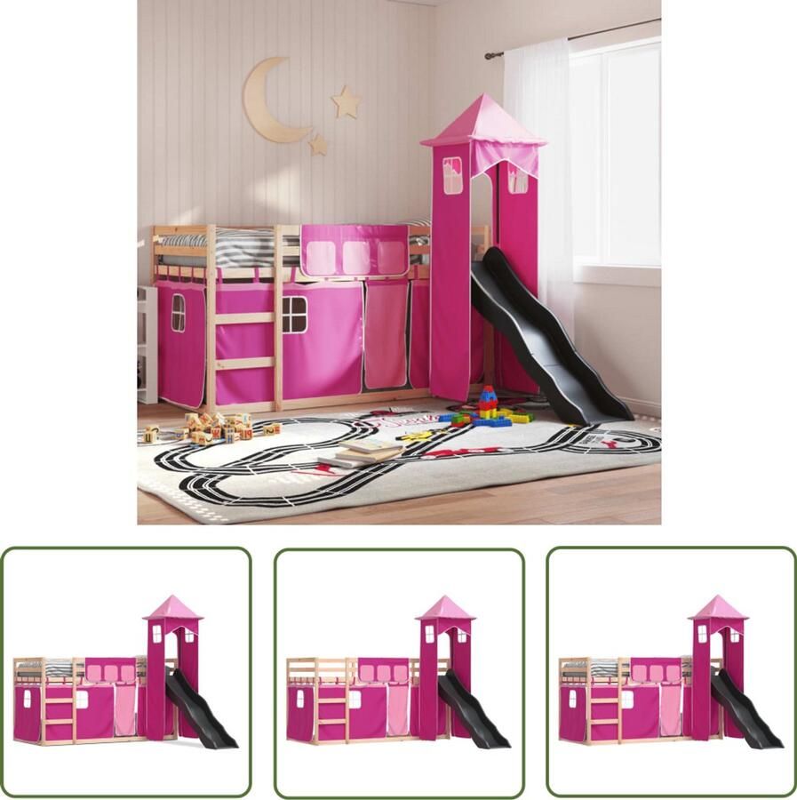 VidaXL Kids Bed Stapelbed met glijbaan en gordijnen roze 80x200 cm Houten Bed Bunk Bed Glijbaan