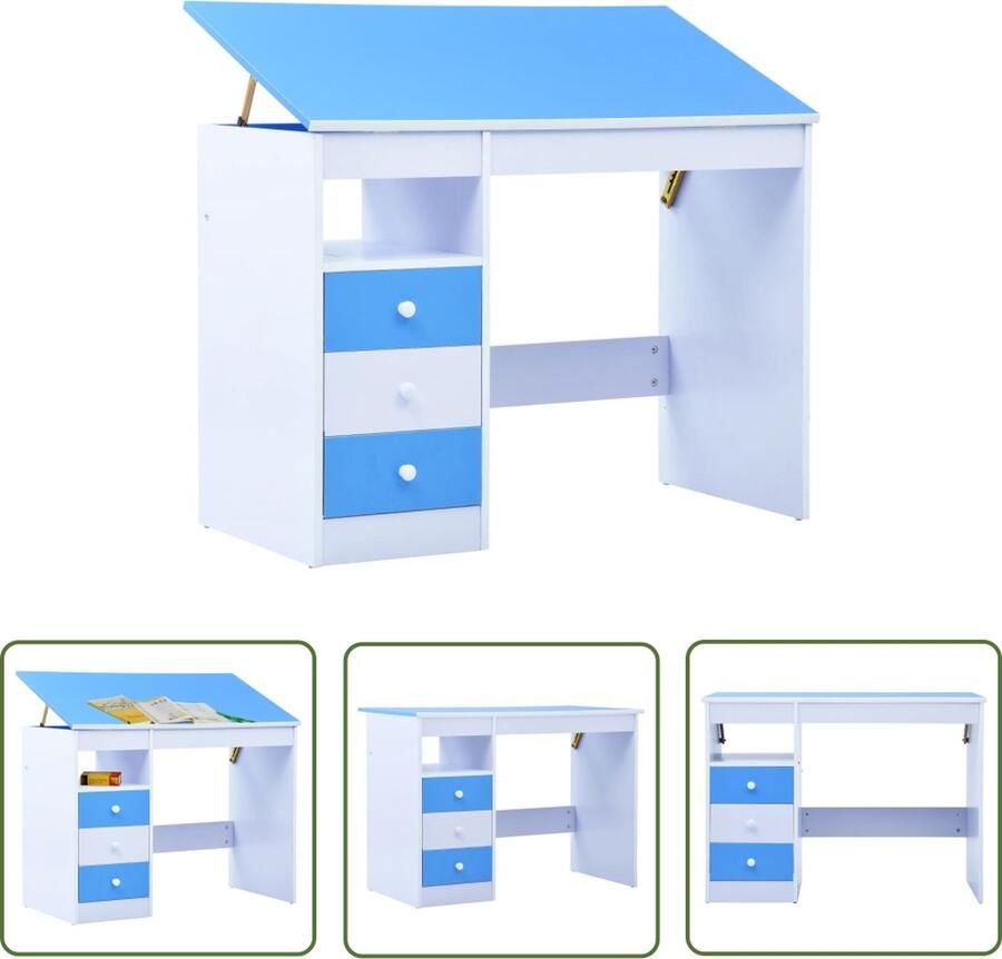 The Living Store Kindertekentafel Blauw-Wit 100 x 55 cm Verstelbaar tafelblad Inclusief 3 lades en open schap Ideaal voor studeren lezen tekenen