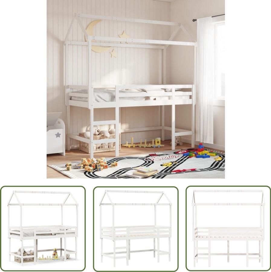 VidaXL Kidsbed Halfhoogslaper met ladder en bedhuis grenenhout wit 90x200 cm Kinderbed Grenenhouten Bed Met Lade
