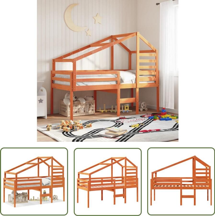 VidaXL Kidsbed Hooghslaper Hoogslaper met dak massief grenenhout wasbruin 75x190 cm Houten Bed Grenenhouten Bed Kinderbed