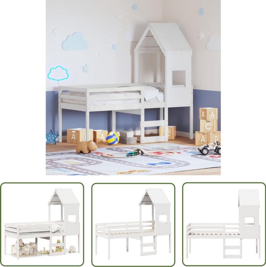 VidaXL Kidsbed Hooghslaper Hoogslaper met huisje 75x190 cm massief grenenhout wit Houten Bed Kinderkamer Slaapbank