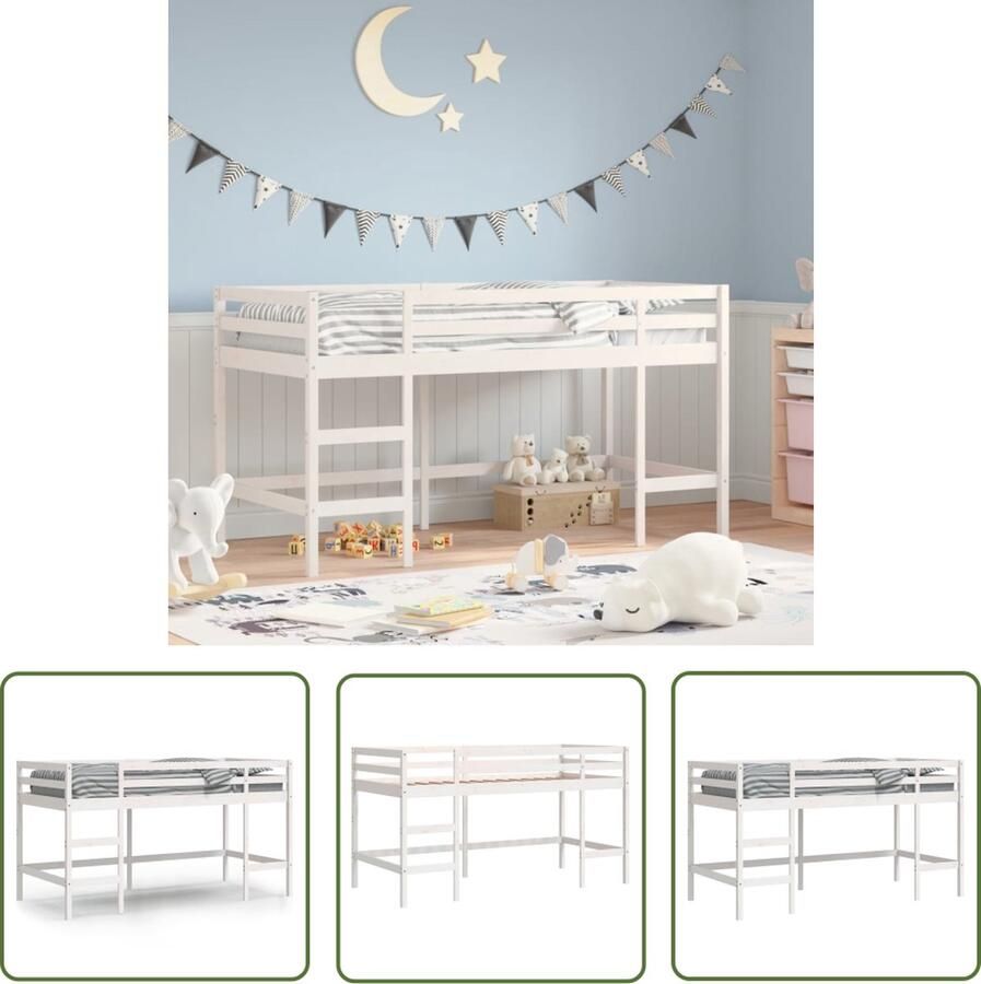 The Living Store Hoogslaper Kinderen Halfhoogslaper Wit 205.5 x 95.5 x 113.5 cm Massief grenenhout Veiligheidsleuningen Hooghslaper Kidsbed Kindermeubel Grenenhouten Bed Hoog Slaapbed