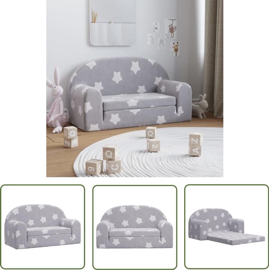 VidaXL Kinderslaapbank 2-zits met sterren zacht pluche lichtgrijs Kinderbank Kidsbed Tweezitter Kinderzitbank Speelkleed