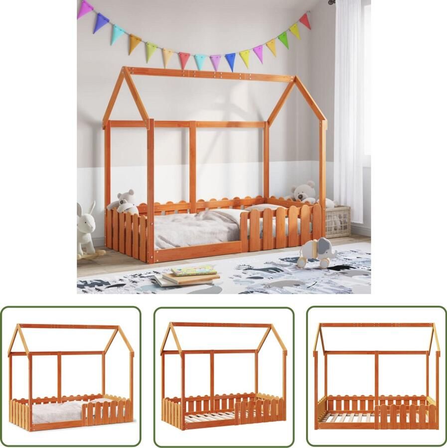VidaXL Kidsbed Kinderbed Bedhuis wasbruin massief grenenhout 80x160 cm Hutbed Houten Bed Grenenhouten Bed