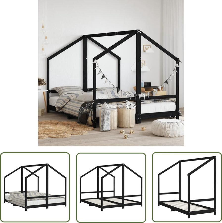 The Living Store Kinderbed Massief grenenhout Multiplex lattenbodem 205.5x171x158 cm (LxBxH) Geschikt voor 80x200 cm matras 2 matrassen vereist Voor kinderen vanaf 4 jaar Montage vereist Zwart