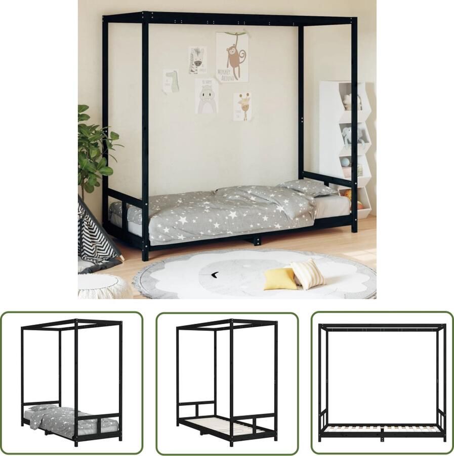 The Living Store Kinderbedframe Hemelbed Massief grenenhout 205.5 x 85.5 x 190 cm Zwart Geschikt voor kinderen 4+ Kinderbed Kidsbed Jeugdbed Hemelsbed Hout Bed