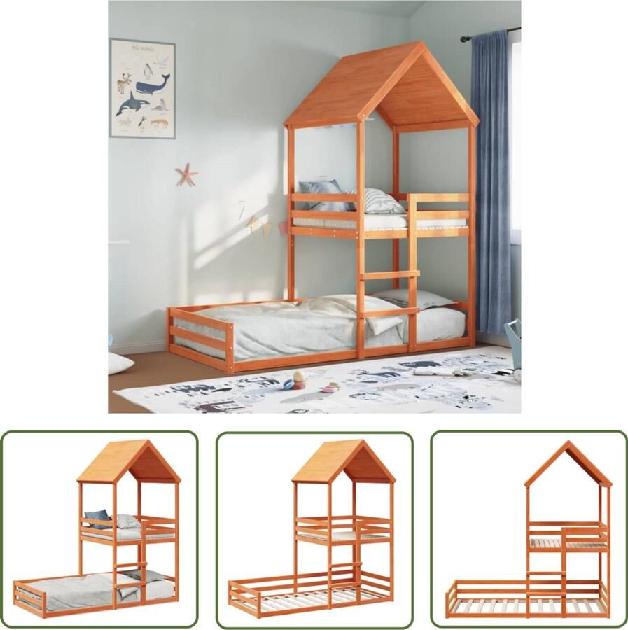 VidaXL Kidsbed Kinderbed met huisje massief grenenhout wasbruin 90x200 cm Grenenhouten Bed Bruingekleurd Bed Kinderkamer Decoratie