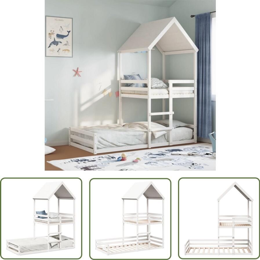 VidaXL Kidsbed Kinderbed met huisje massief grenenhout wit 90x200 cm Hutbed Grenenhouten Bed Wit Kinderbed