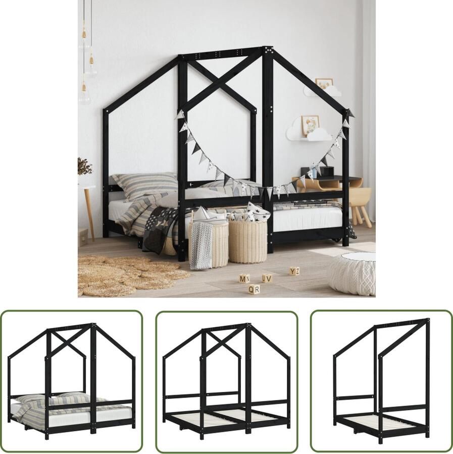 The Living Store Peuterbed Oceaan 145.5 x 151 x 158 cm Massief grenenhout en multiplex Peuterbed Kidsbed Houten Bed Grenenhouten Bed Zwarte Bed