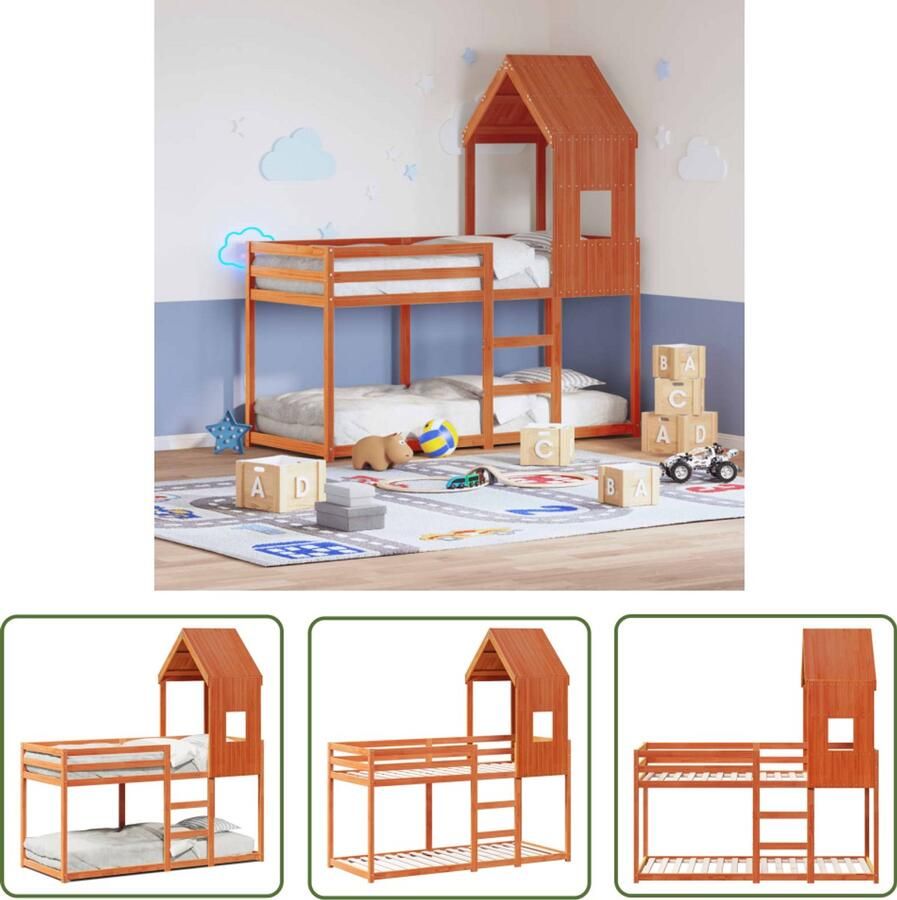 VidaXL Stapelbed met bedhuis massief grenenhout wasbruin 90x200 cm Stapelbed Kidsbed Houten Bed Grenenhouten Bed Kinderkamer