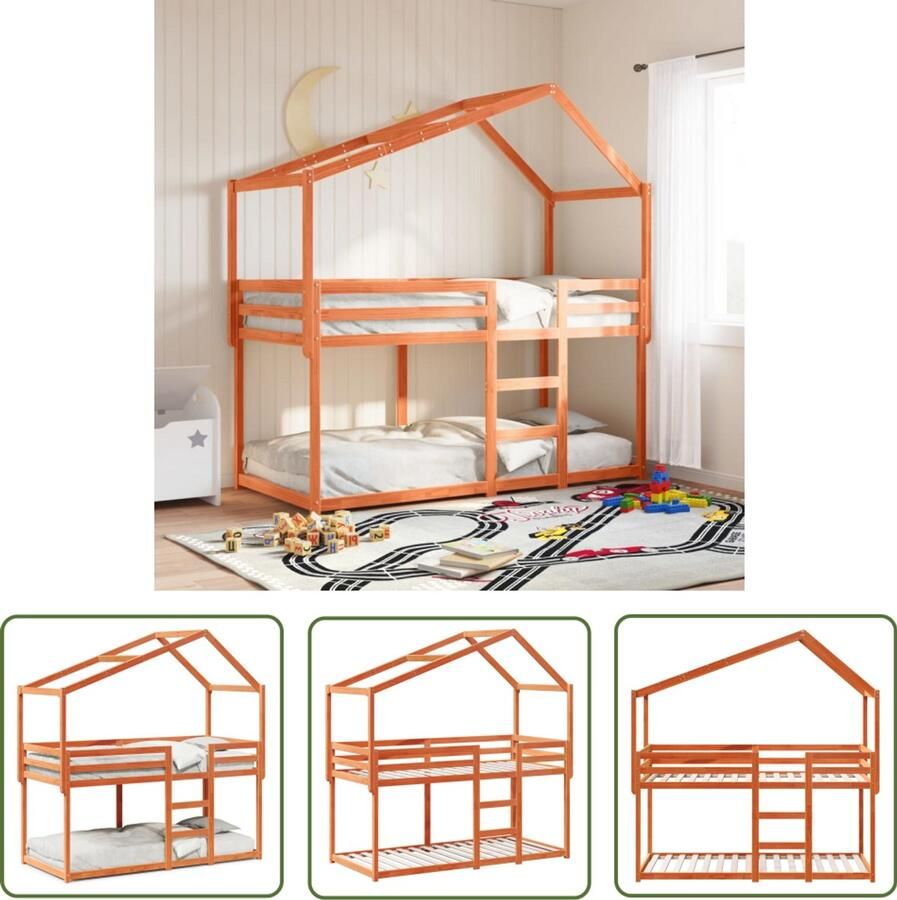 VidaXL Stapelbed met dak massief grenenhout wasbruin 75x190 cm Stapelbed Kidsbed Houten Bed Grenenhout Bed Bruine Bed - Foto 2