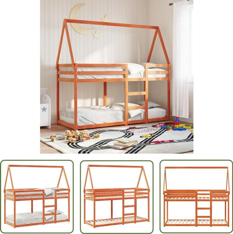 VidaXL Kidsbed Stapelbed met dak massief grenenhout wasbruin 80x200 cm Houten Bed Grenenhouten Bed Bruine Bed