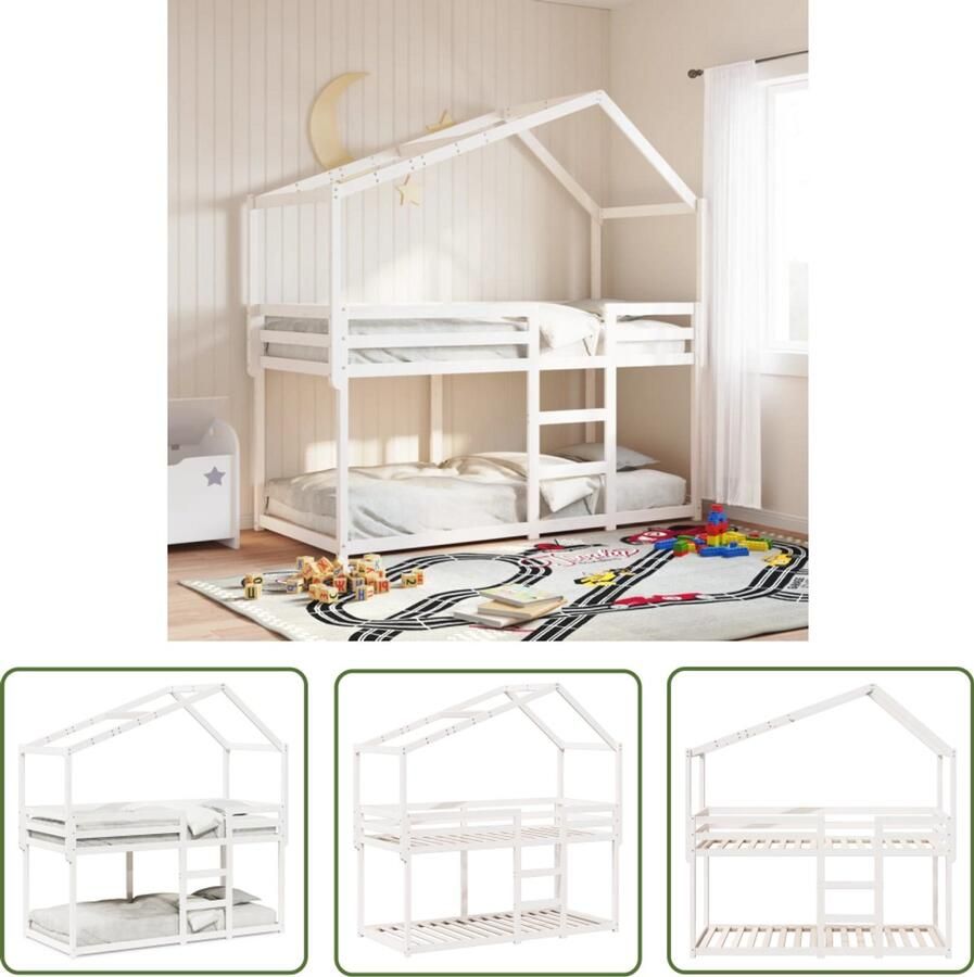 VidaXL Stapelbed met dak massief grenenhout wit 90x190 cm Stapelbed Kidsbed Houten Bed Grenenhouten Bed Kinderbed