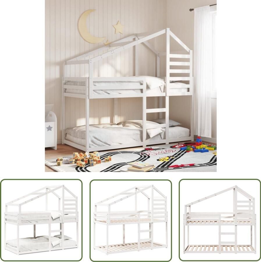VidaXL Stapelbed met dak massief grenenhout wit 90x200 cm Stapelbed Kidsbed Houten Bed Grenenhouten Bed Kindermeubilair