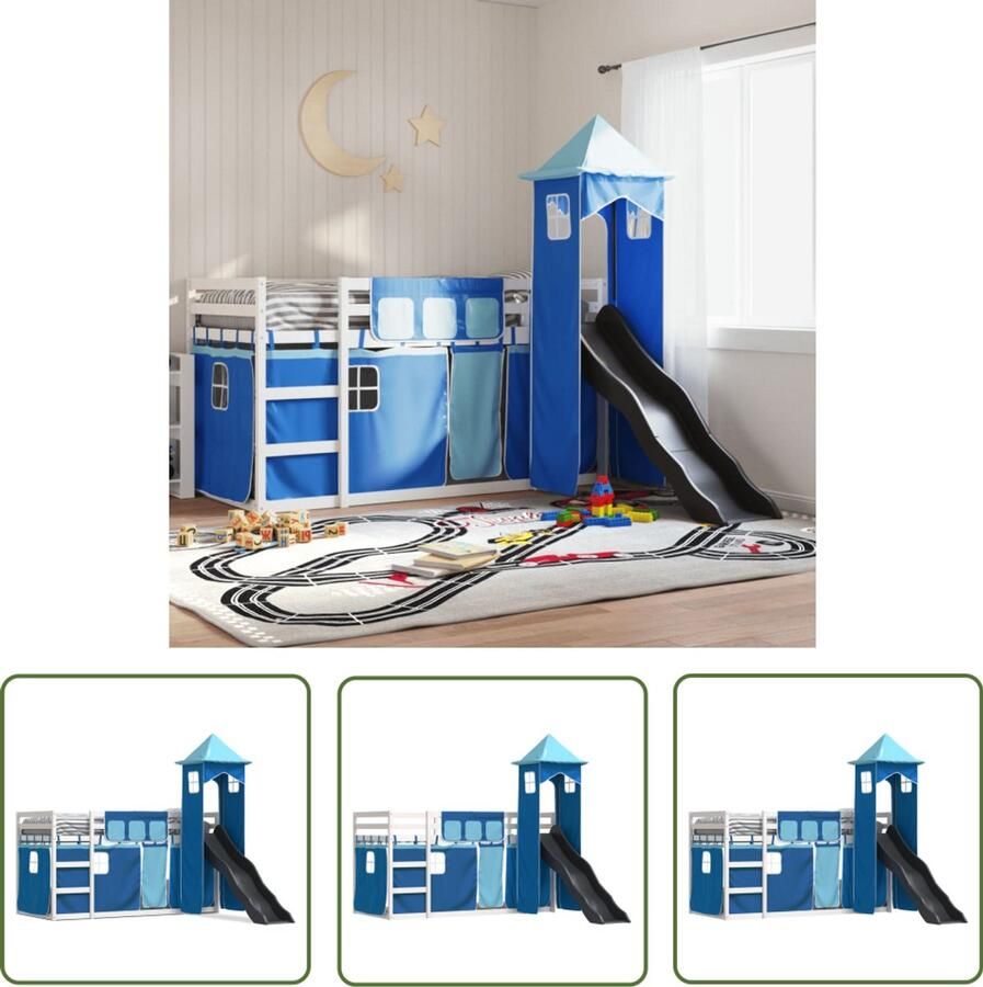 VidaXL Kidsbed Stapelbed met glijbaan en gordijnen blauw 80x200 cm Houten Bed Jongensbed Meisjesbed