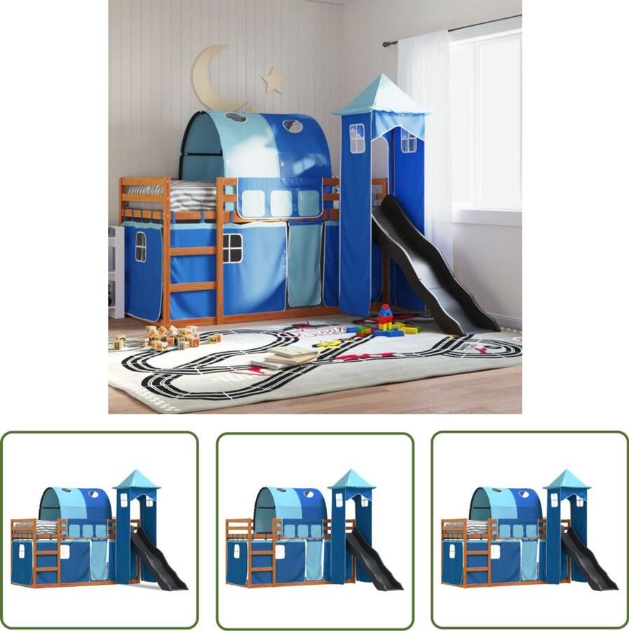 VidaXL Stapelbed met glijbaan en gordijnen blauw 90x200 cm Stapelbed Kidsbed Houten Bed Jongensbed Meisjesbed