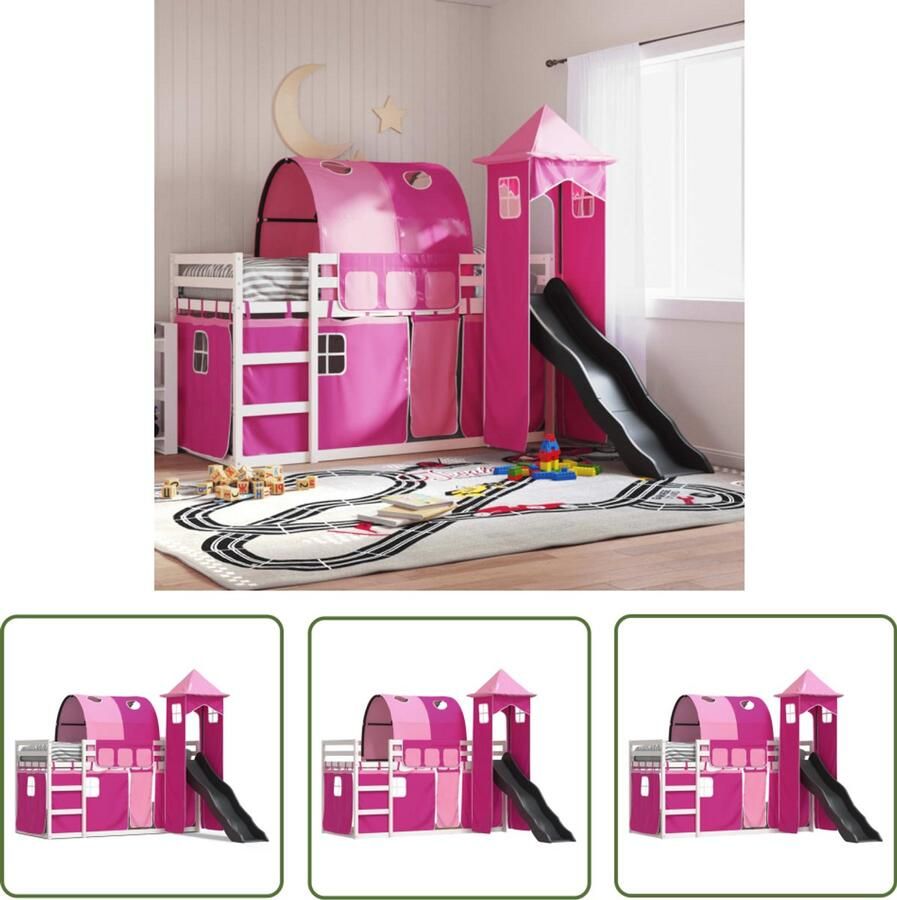 VidaXL Kidsbed Stapelbed met glijbaan en gordijnen roze 80x200 cm Houten Bed Glijbaan Kinderkamer