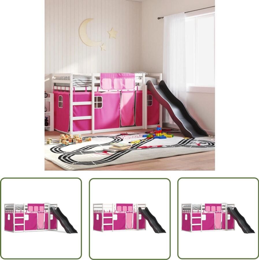 VidaXL Kidsbed Stapelbed met glijbaan en gordijnen roze 80x200 cm Houten Bed Jongensbed Meisjesbed