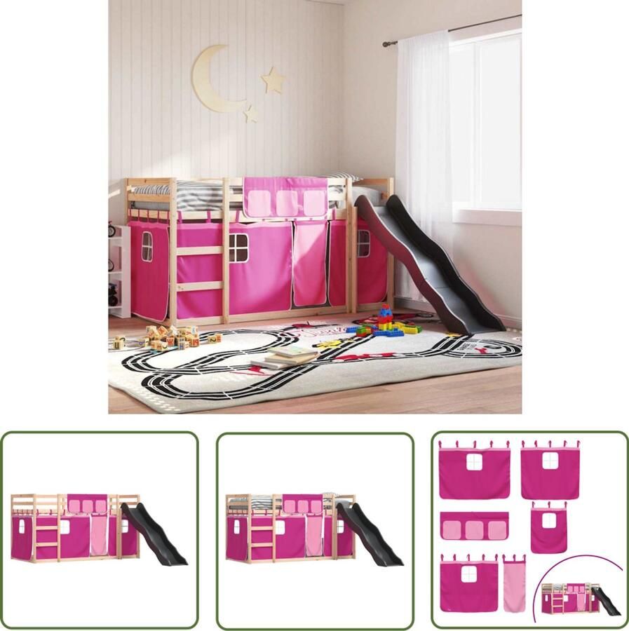VidaXL Kidsbed Stapelbed met glijbaan en gordijnen roze 80x200 cm Houten Bed Tweepersoonsbed Kinderkamerinrichting