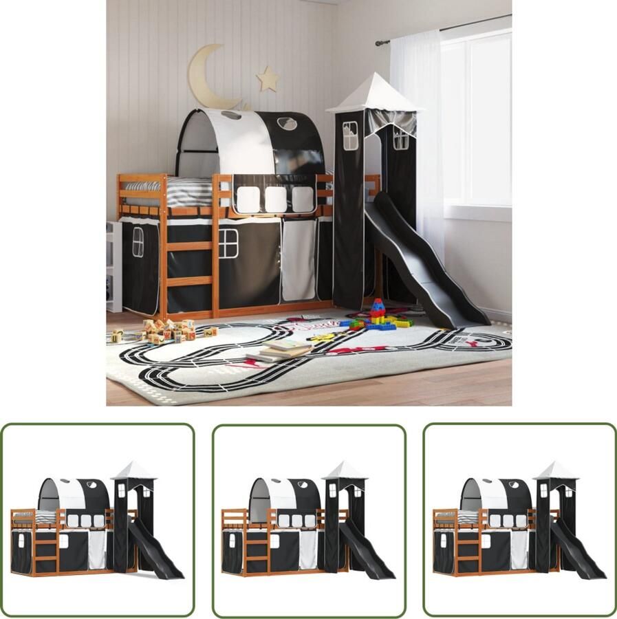 VidaXL Stapelbed met glijbaan en gordijnen wit en zwart 90x200 cm Stapelbed Kidsbed Houten Bed Bunkbed Glijbaan