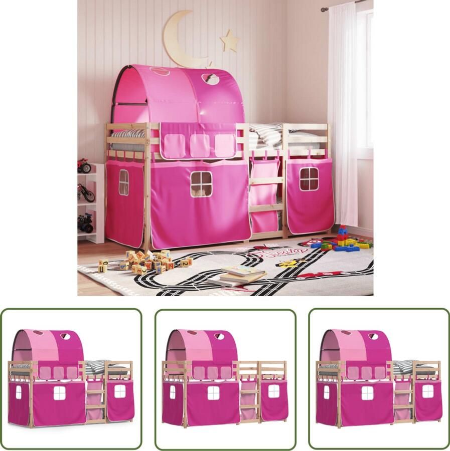 VidaXL Stapelbed met gordijnen 90x190 cm grenenhout roze Stapelbed Kidsbed Houten Bed Grenenhout Bed Meisjesbed