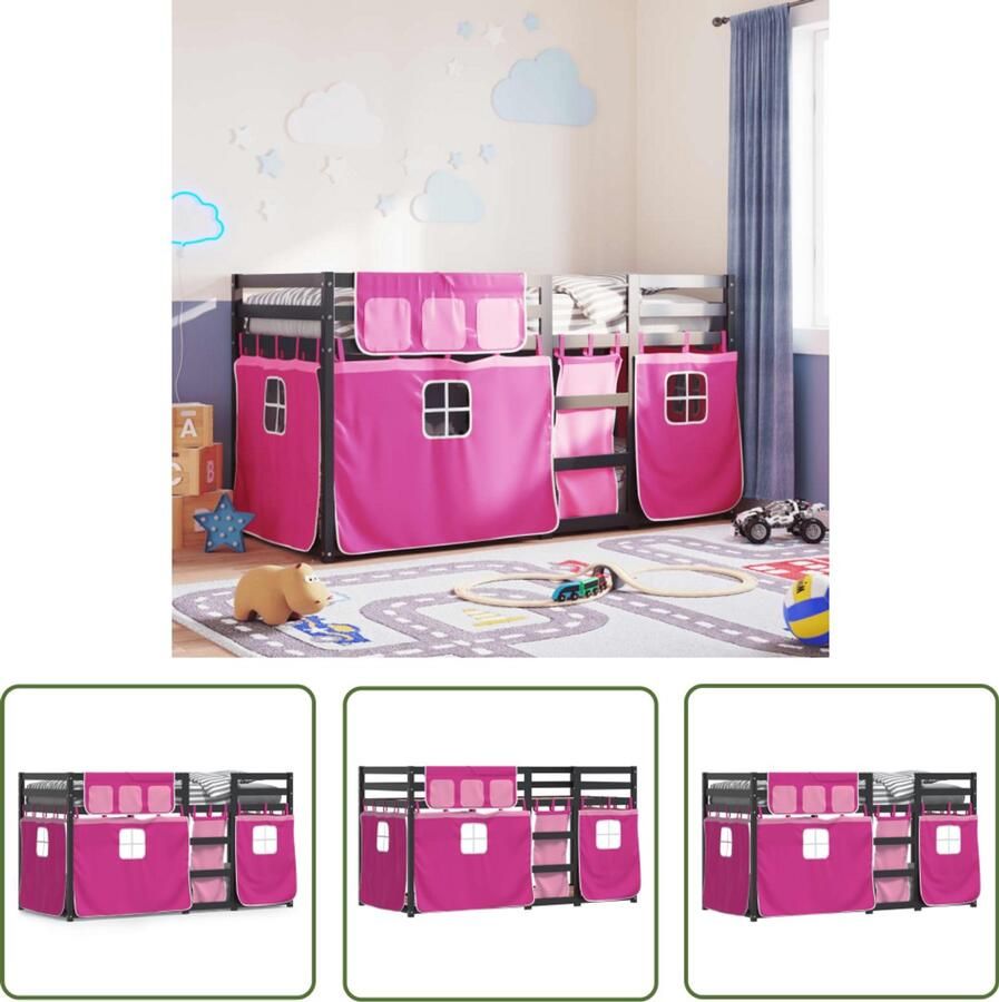 VidaXL Stapelbed met gordijnen 90x200 cm grenenhout roze Stapelbed Kidsbed Houten Bed Grenenhout Bed Meisjesbed - Foto 2