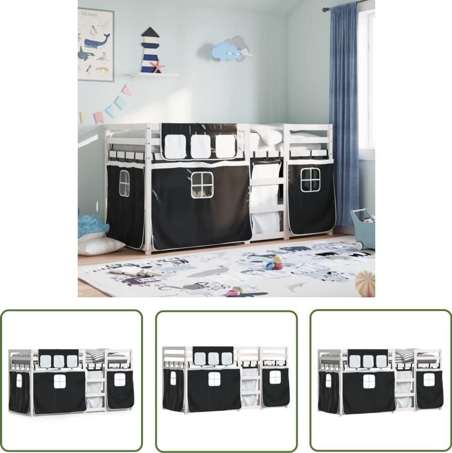VidaXL Stapelbed met gordijnen 90x200 cm grenenhout wit en zwart Stapelbed Kidsbed Houten Bed Grenenhout Kinderkamer - Foto 2
