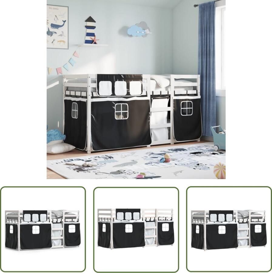 The Living Store Stapelbed met gordijnen 90x200 cm grenenhout wit en zwart Stapelbed Kidsbed Houten Bed Tweepersoonsbed Bunkbed