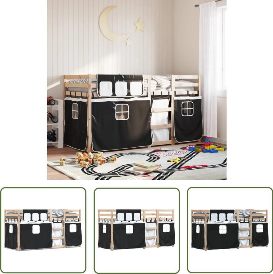 VidaXL Stapelbed met gordijnen 90x200 cm grenenhout wit en zwart Stapelbed Kidsbed Tweepersoonsbed Houten Bed Grenenhout
