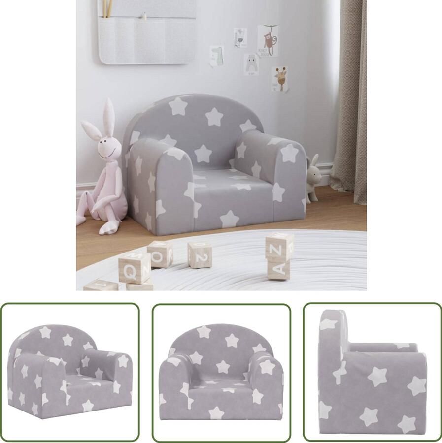 VidaXL Kinderbank met sterren zacht pluche lichtgrijs Kinderbank Kidsstoel Kindermeubilair Speelhoek Leeshoek