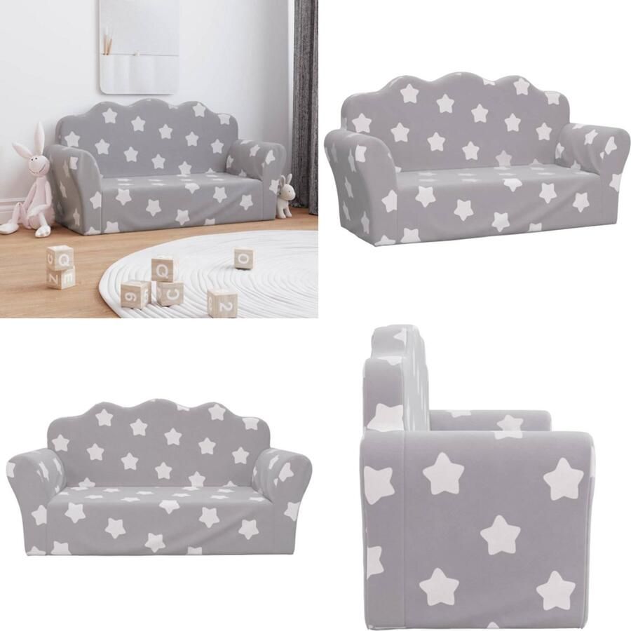 VidaXL Kinderbank 2-zits met sterren zacht pluche lichtgrijs Kinderbank Kinderbanken Kinderbankje Bank Kinderkamer