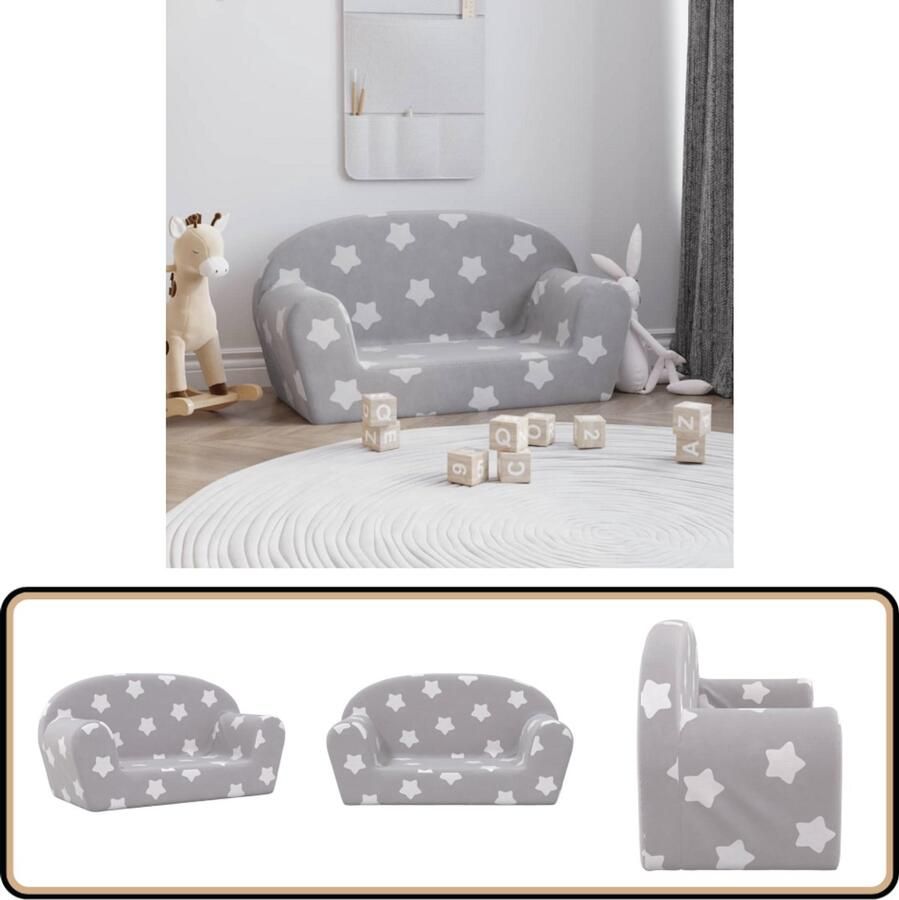 VidaXL Kinderbank 2-zits Sterren Zacht Pluche Grijs Kinderstoel Grijs Kindermeubel Grijs Kids Bank Grijs Kinder Sofa Grijs Tweezitter Kinderbank