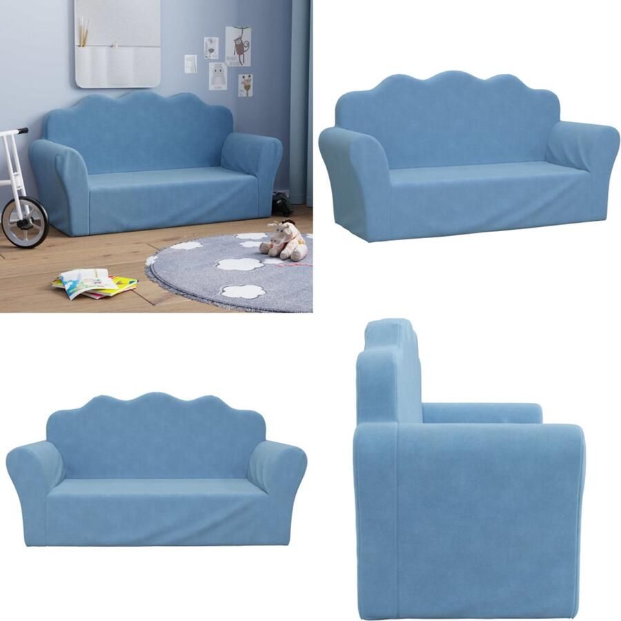 VidaXL Kinderbank 2-zits zacht pluche blauw Kinderbank Kinderbanken Kinderbankje Bank Kinderkamer