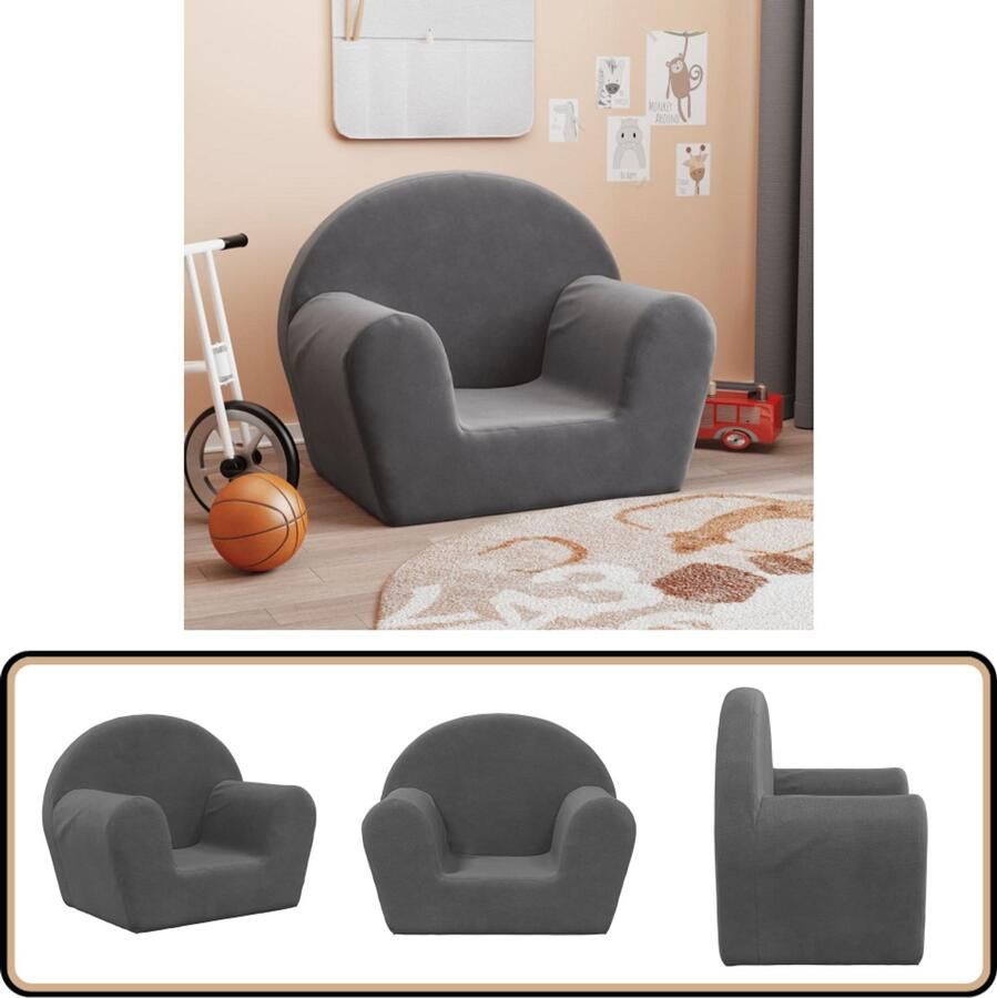 The Living Store Kinderbank zacht pluche antracietkleurig Kinderstoel Speelkamer Meubels Kindermeubel Kids Stoel Pluche Bank