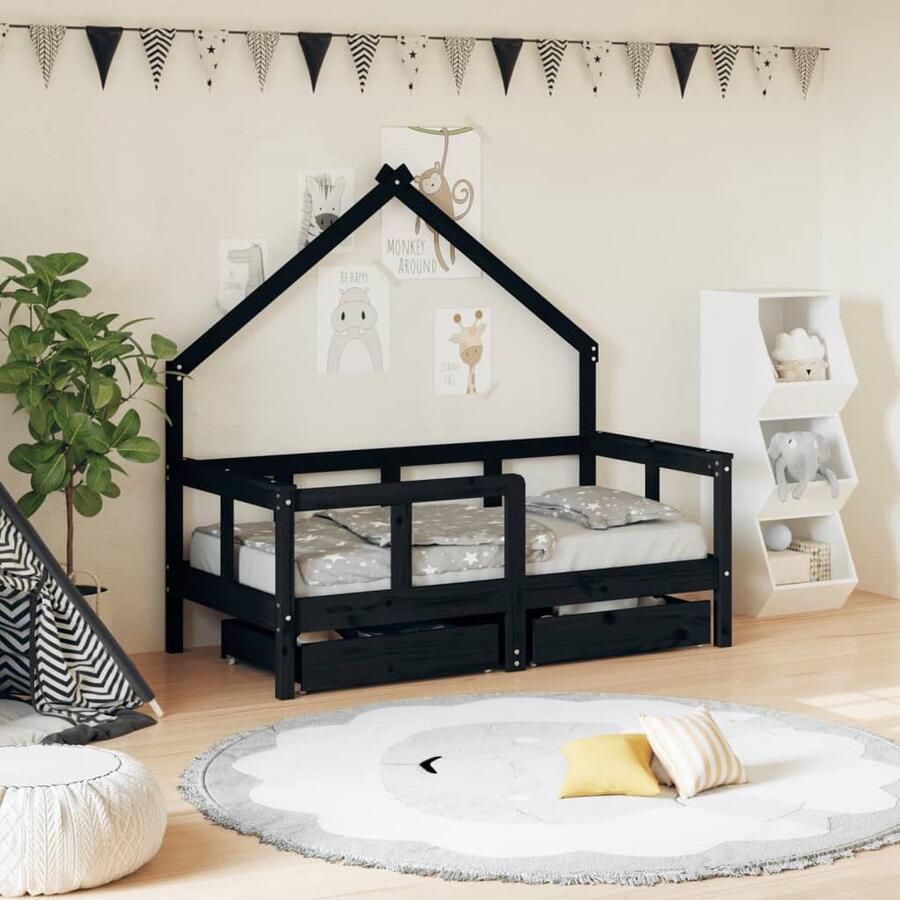 VidaXL Kinderbed 70x140 cm Zwart Grenenhout Kinderbed Frame Houten Bed Kids Bed Kinderkamer Decoratie Huisvormig Bed Stapelbare Laden - Foto 2
