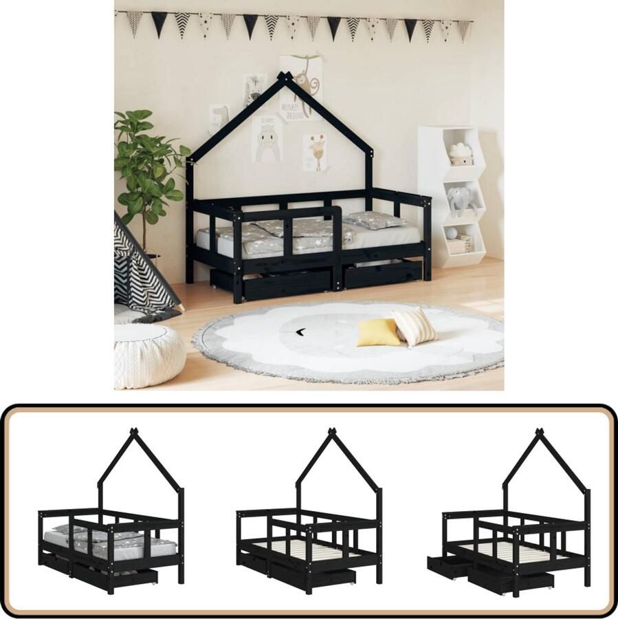 VidaXL Kinderbed 70x140 cm Zwart Grenenhout Kinderbed Frame Houten Bed Kids Bed Kinderkamer Decoratie Huisvormig Bed Stapelbare Laden
