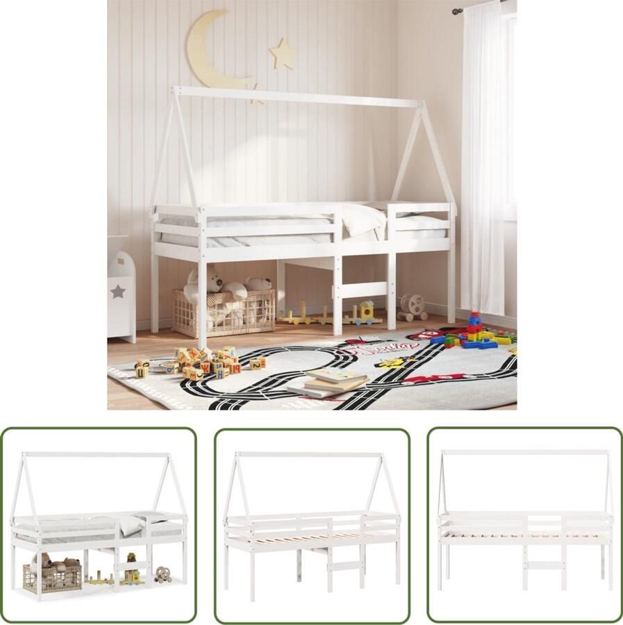 VidaXL Kinderbed Hoogslaper met dak massief grenenhout wit 75x190 cm Houten Bed Grenenhout Bed Kids Kamer