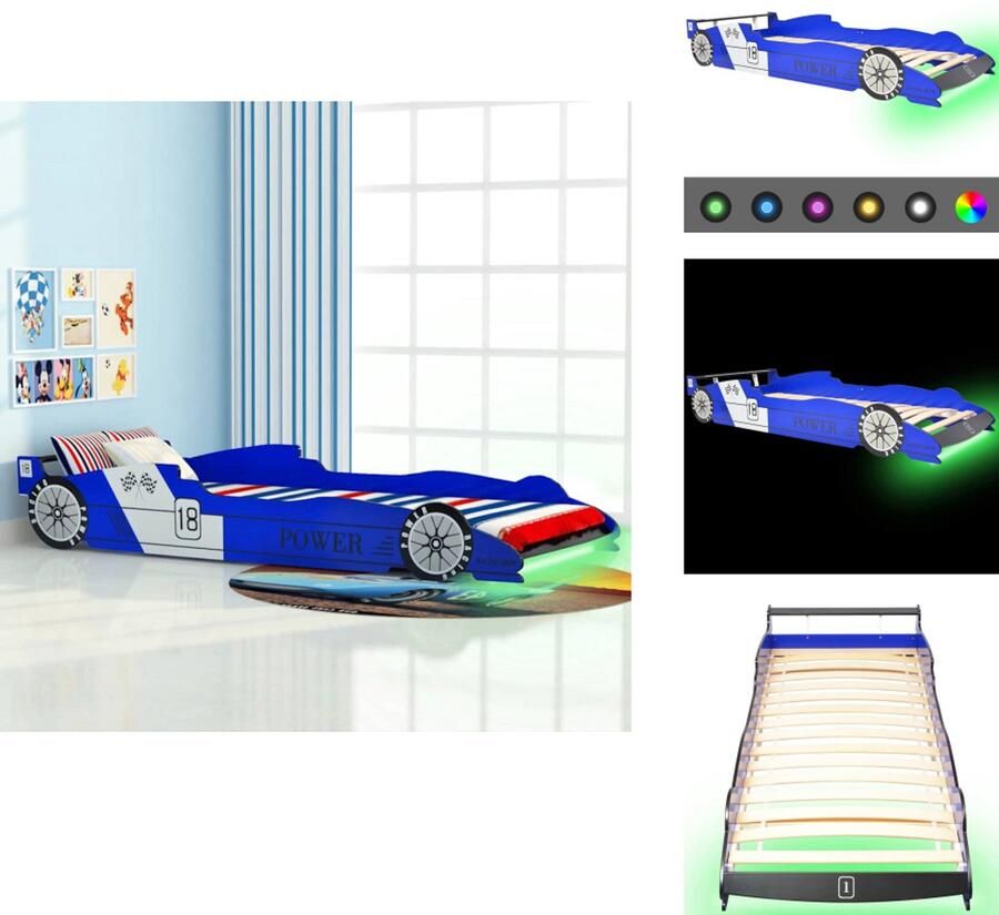VidaXL Kinderbed Kinderbedden Bed Bedden Kinderbed raceauto met LED-verlichting blauw 90x200 cm