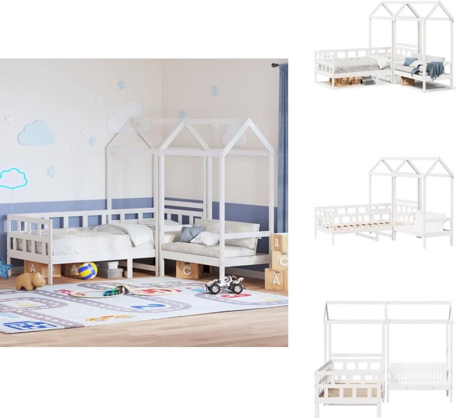 VidaXL Kinderbed Met Bank Kinderbedden Met Banken Bankbed Logeerbed Kinderbedset met huisje massief grenenhout wit 90x200 cm