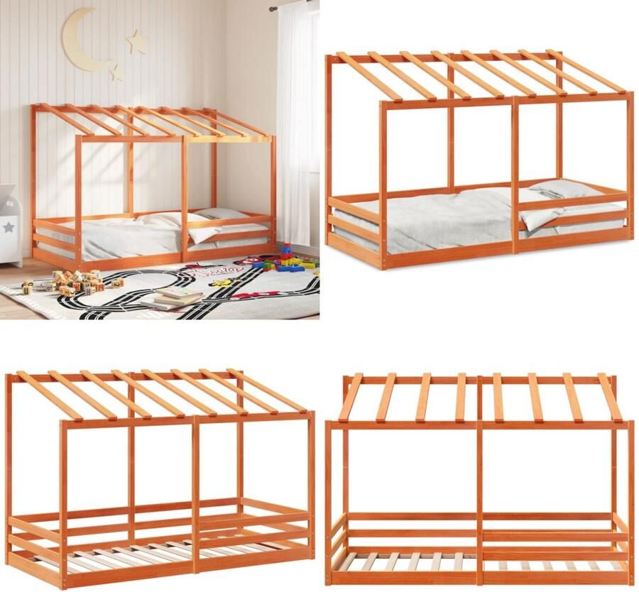 VidaXL Kinderbed met bedhuis 90x200 cm massief grenenhout wasbruin Kinderbedframe Kinderbedframes Kinderbed Peuterbed