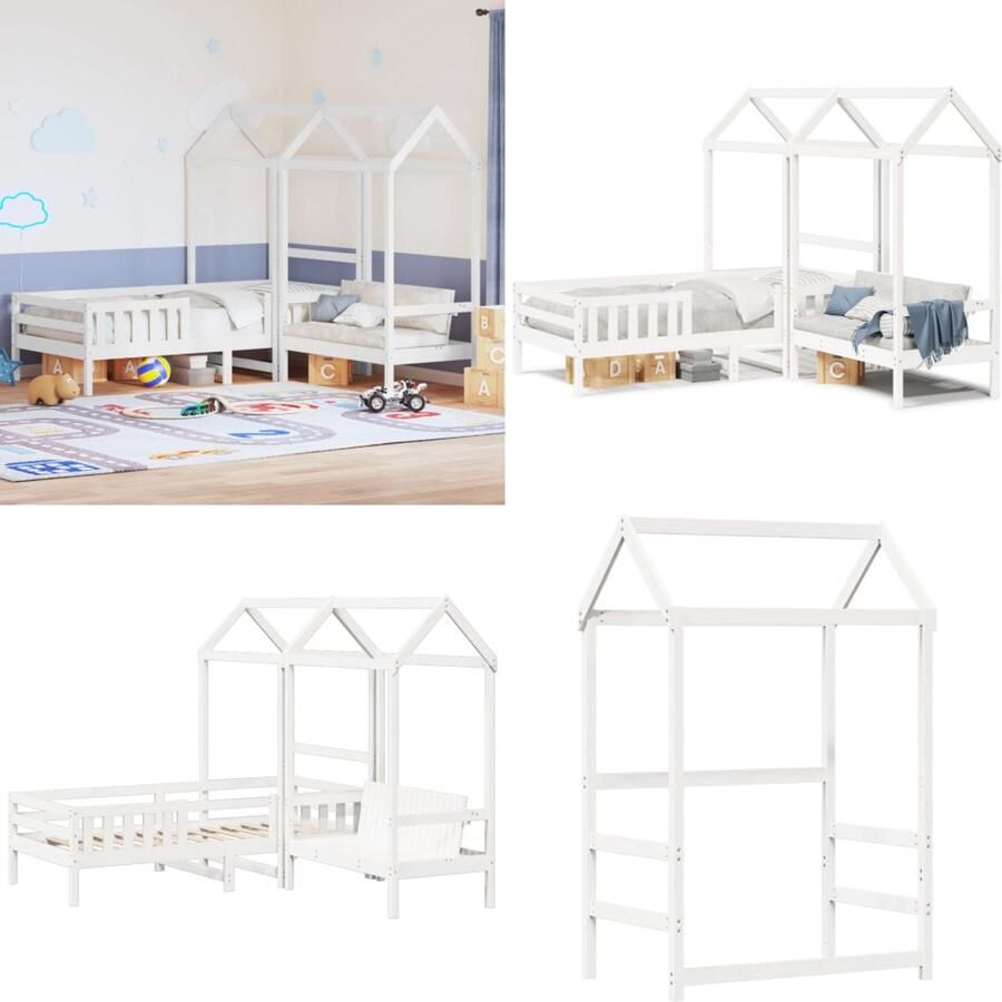 VidaXL Kinderbed met huisje en bankje massief grenenhout wit 80x200 cm Kinderbed Met Huisje Kinderbedden Met Huisje Bedhuisje Peuterbed Huisje
