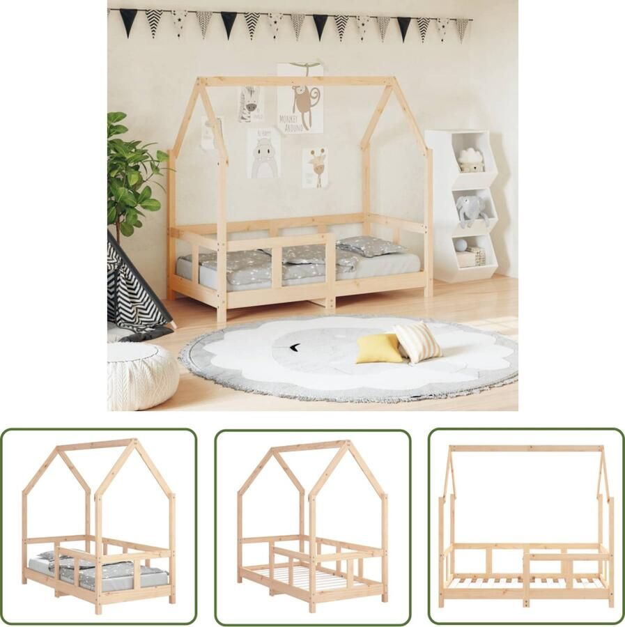 The Living Store Peuterbed Massief grenenhout Multiplex lattenbodem Laag bij de grond Met frame voor bedgordijnen 145.5 x 75.5 x 137 cm Geschikt voor 70 x 140 cm matras Voor kinderen 18m-4jr Montage vereist
