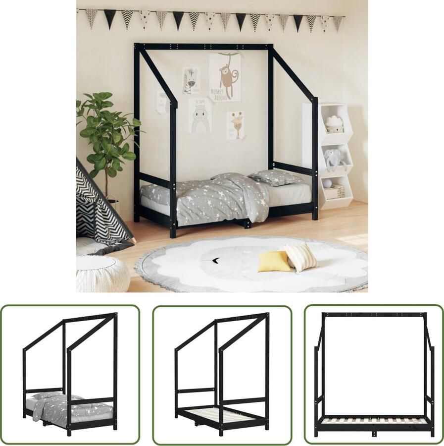 The Living Store Peuterbed Houten bedframe 145.5 x 75.5 x 158 cm Met bedgordijnen Zwart Geschikt voor 70 x 140 cm matras Montage vereist Peuterbed Kinderbed Houten Bed Grenenhouten Bed Met Gordijnen