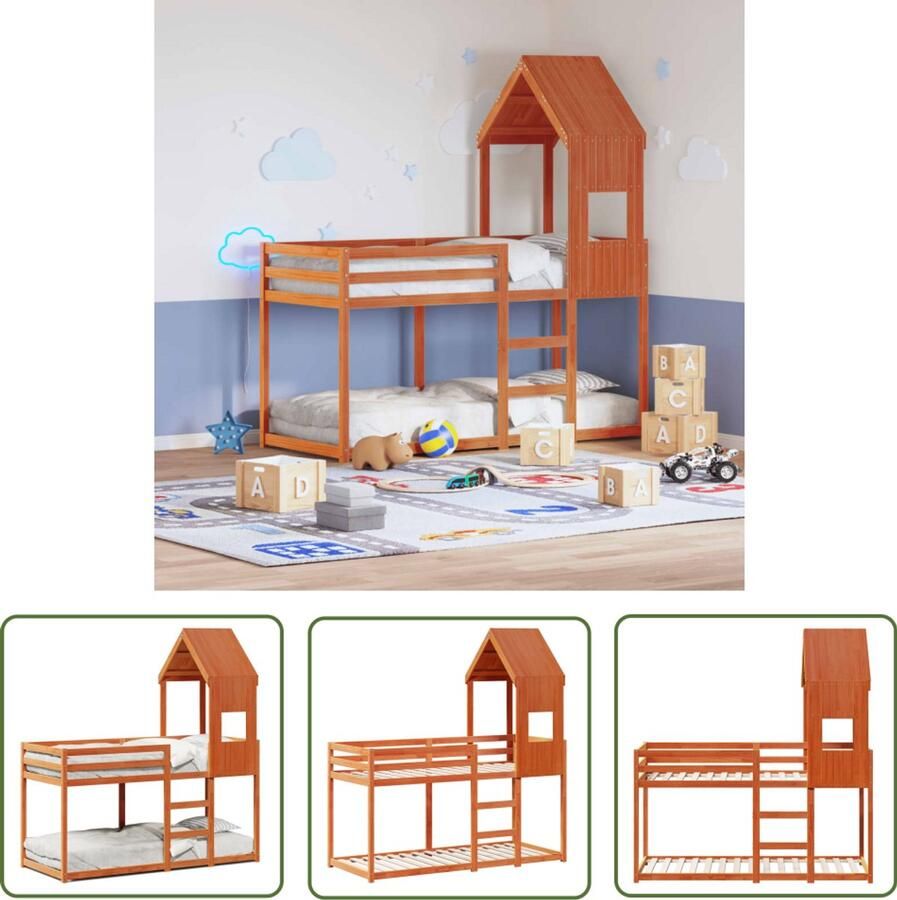 VidaXL Stapelbed met dak massief grenenhout wasbruin 90x190 cm Stapelbed Kinderbed Houten Bed Grenenhout Bed Tweepersoons Bed - Foto 2