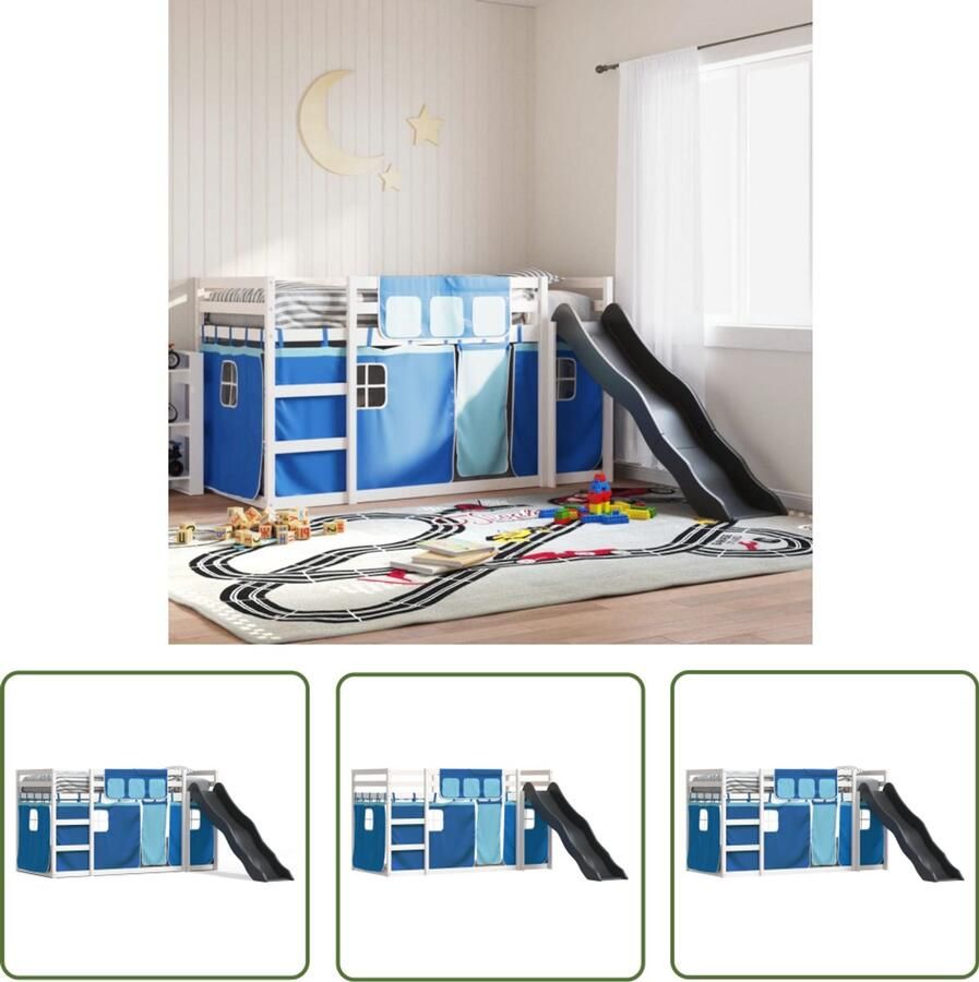 VidaXL Kinderbed Stapelbed met glijbaan en gordijnen blauw 80x200 cm Bunkbed Houten Bed Blauwe Bed